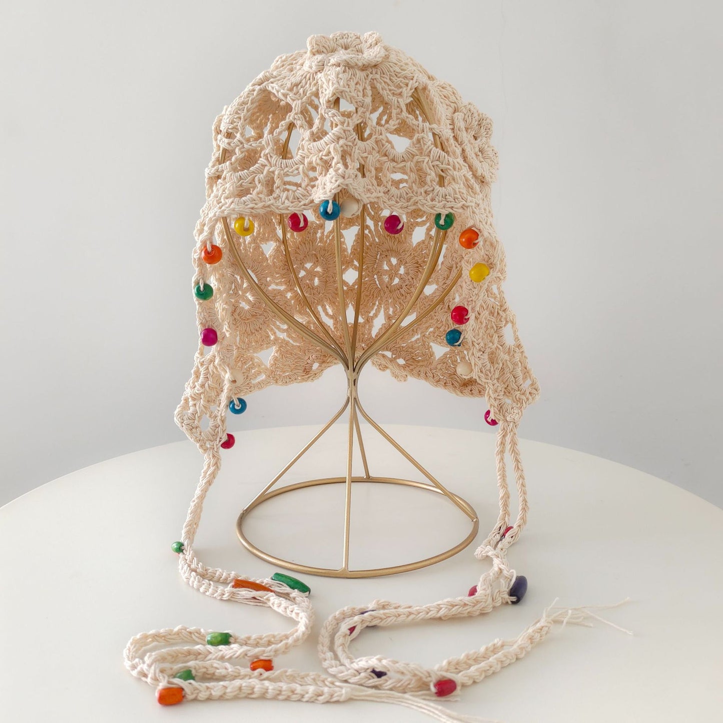 Flower Tassel Knitted Hat Pure Cotton Handmade Colorful Beads Retro Hollow