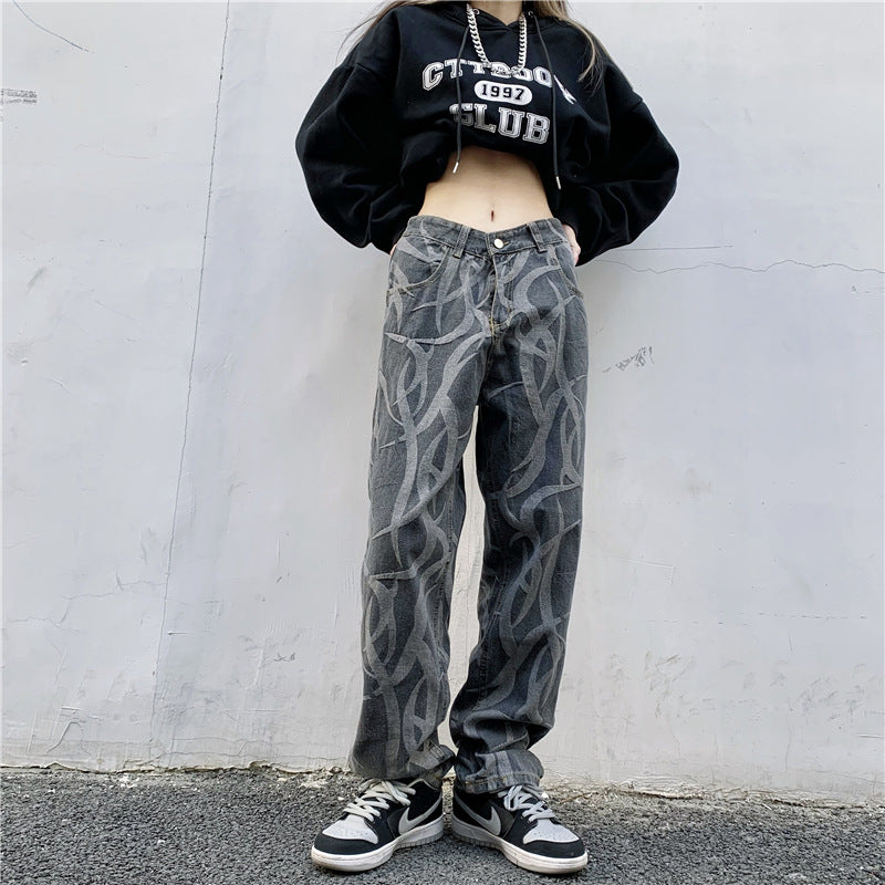 Højtaljede Straight Hip Hop Bukser Løse Og Tynde Wide Leg Jeans Med Print