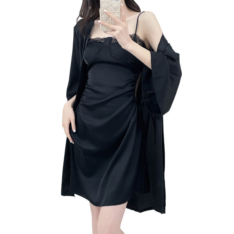 Black Sexy Pajamas Slip Dress And Robe Two-Piece Set