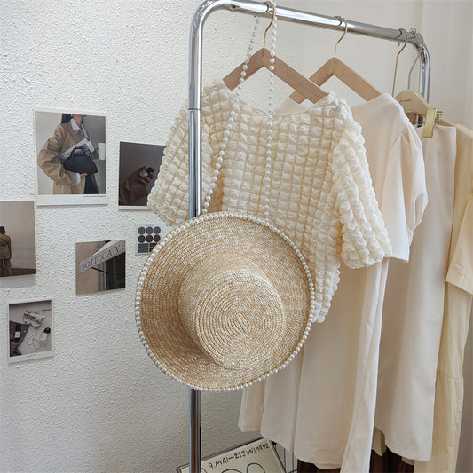 Women's Hand Sewn Pearl Flat Top Straw Hat