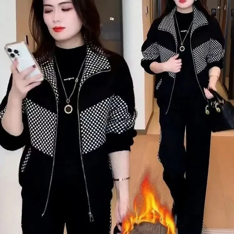 Youthful Patchwork Plaid High-End Western-Style Fleece-Lined Thickened Casual Set
