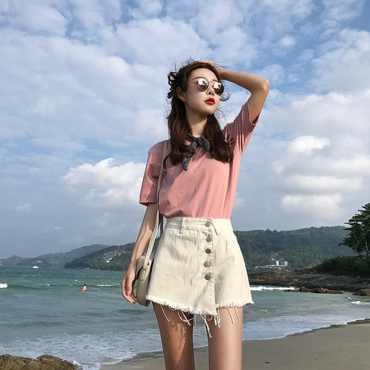 High-rise breasted black denim shorts