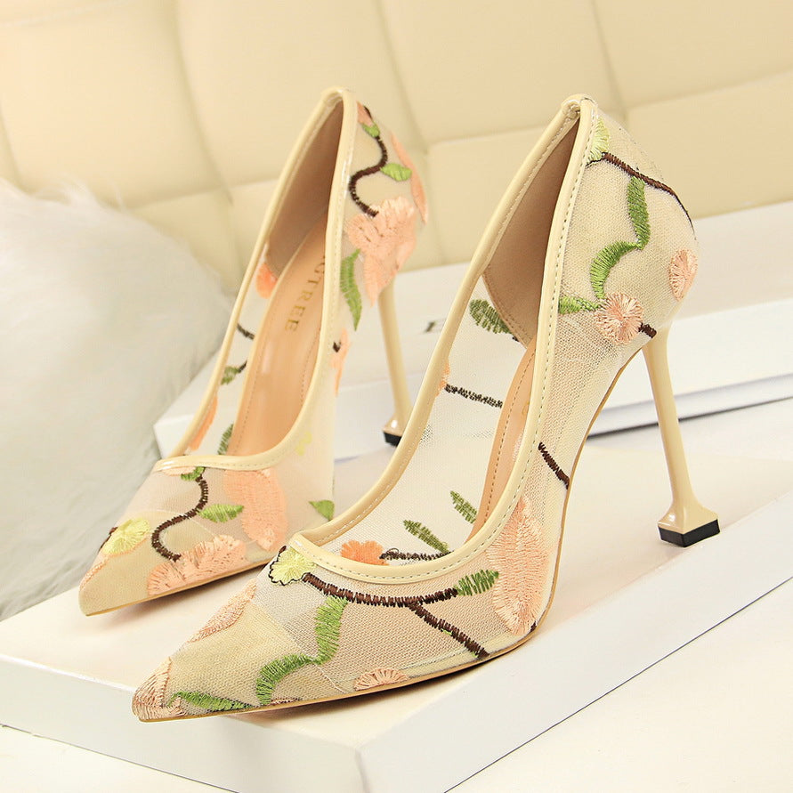 High-Heeled Shallow Mouth Pointed Flower Nightclub Shoes