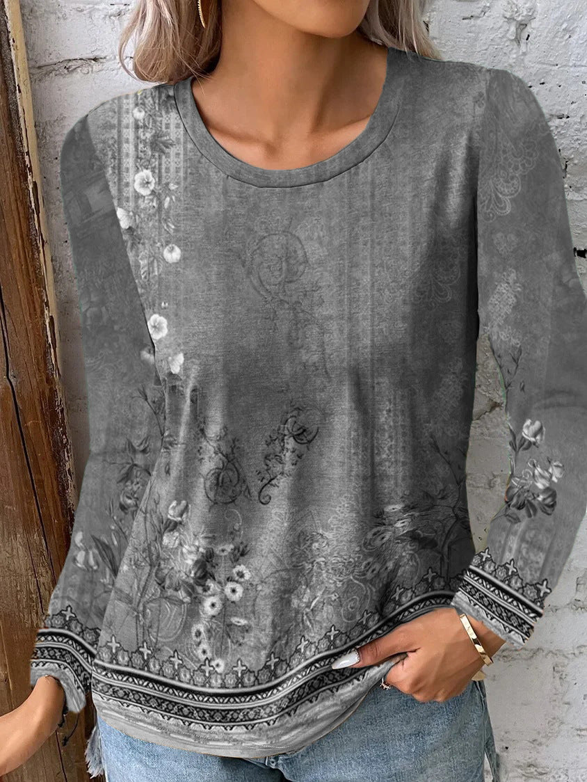 Landscape Painting Printed Long-sleeved T-shirt Top