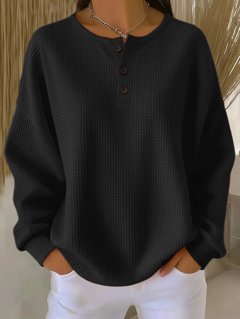 Ins Waffle Langærmet T-shirt Mode Ensfarvet Knapper Rund Hals Pullover Top Damebeklædning