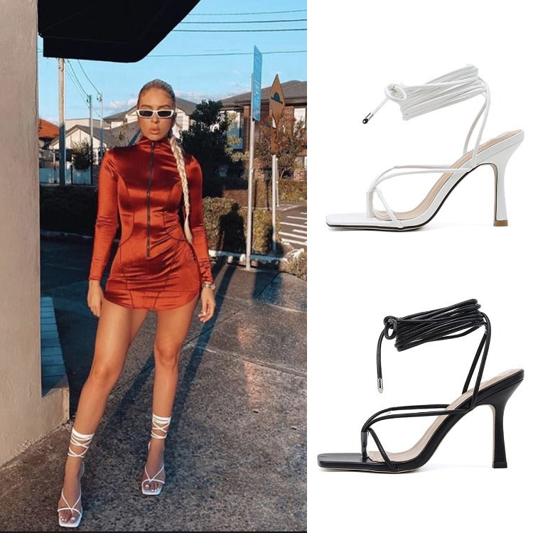 Square Toe Sexy Solid Color Simple Lace Roman High Heel Sandals