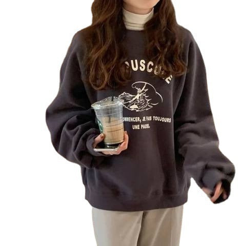 Women's Fleece-lined Thick Round Neck Fashion Loose Sweater