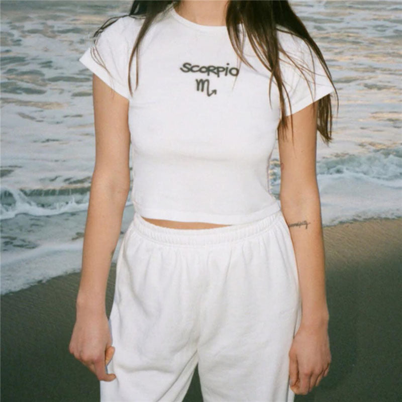 T-shirt Slim Fit Zodiac Fit Cut Rib Midriff-baring Top Cute Kawaii