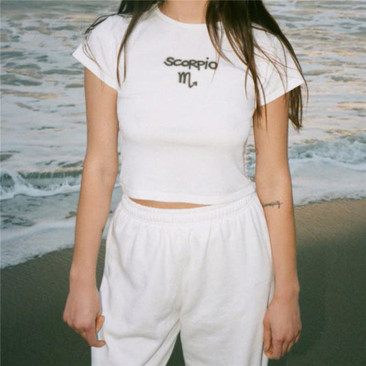 T-shirt Slim Fit Stjernetegn Figursyet Ribbet Mavebluse Sød Kawaii