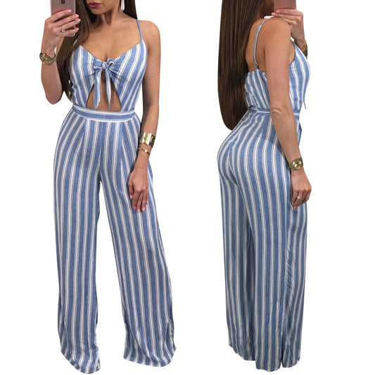 Womens White Striped Off-Shoulder Sexy Loose Jumpsuit