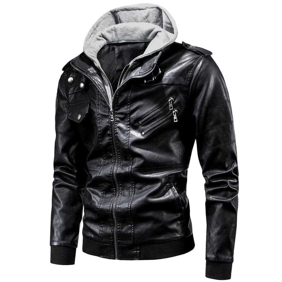 Men's detachable hooded pu leather jacket