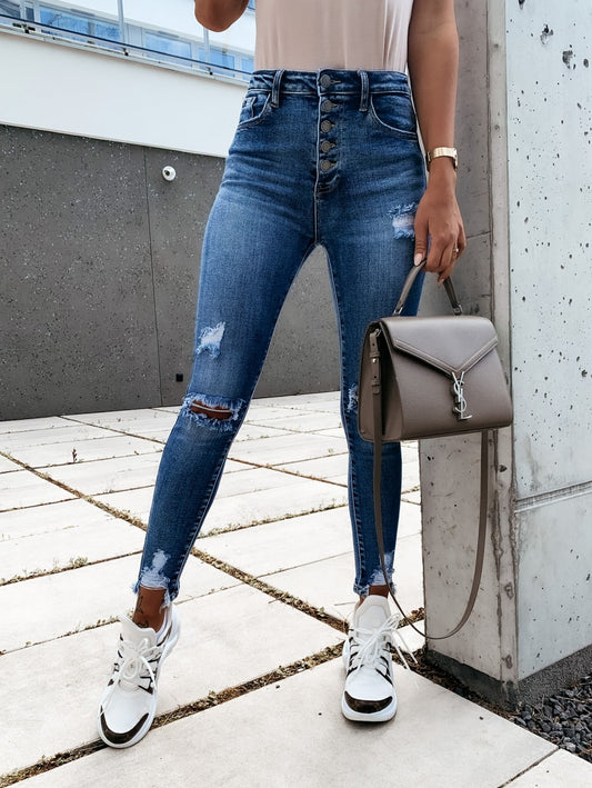Holed Jeans, Low Waist Holed Hemmed Leggings