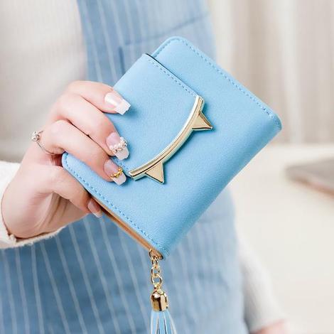 Cute Cat Ears Leather Short Tassel Women Wallet Small Day Clutch Trifold Female Purse ID Coin Card Holder Mini Bag