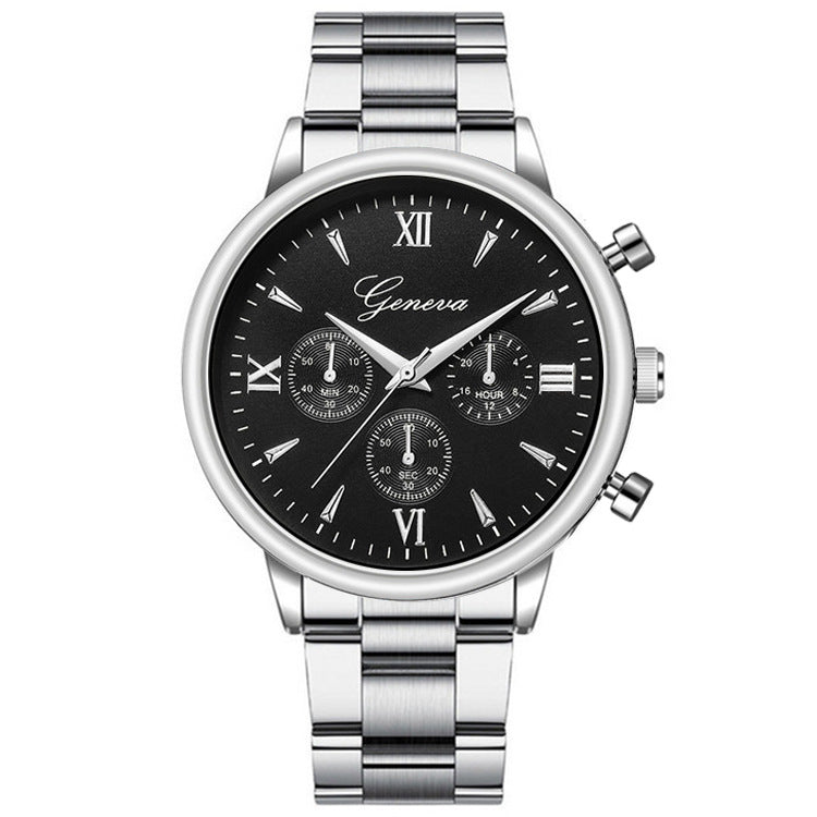 Three - eye quartz watch with steel belt