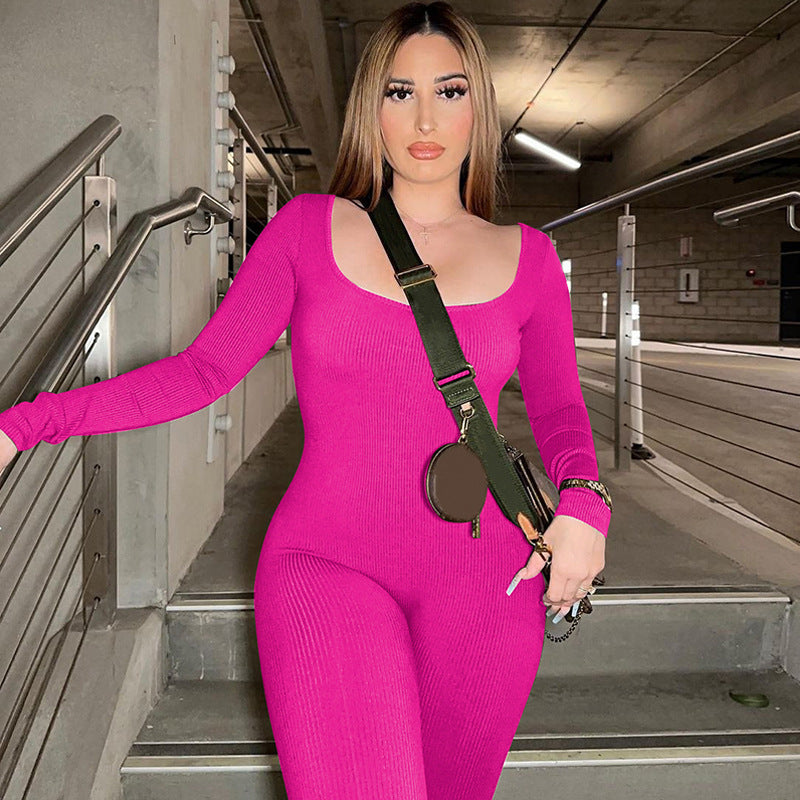Fashion Backless Lace Up Slim Fit Long Sleeve Jumpsuit