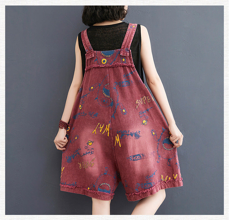 Retro Fashion Print Loose Denim Strap Shorts For Women