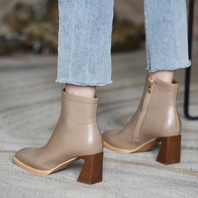 Square Toe High-heeled Women's Boots Plus Velvet Nude Short