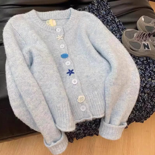 Milk Blue Gentle Soft Glutinous High-grade Knitted Cardigan Sweater
