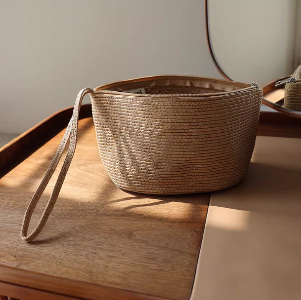 Portable Straw Cosmetic Bag Solid-Color Summer Woven Storage Pouch For Women