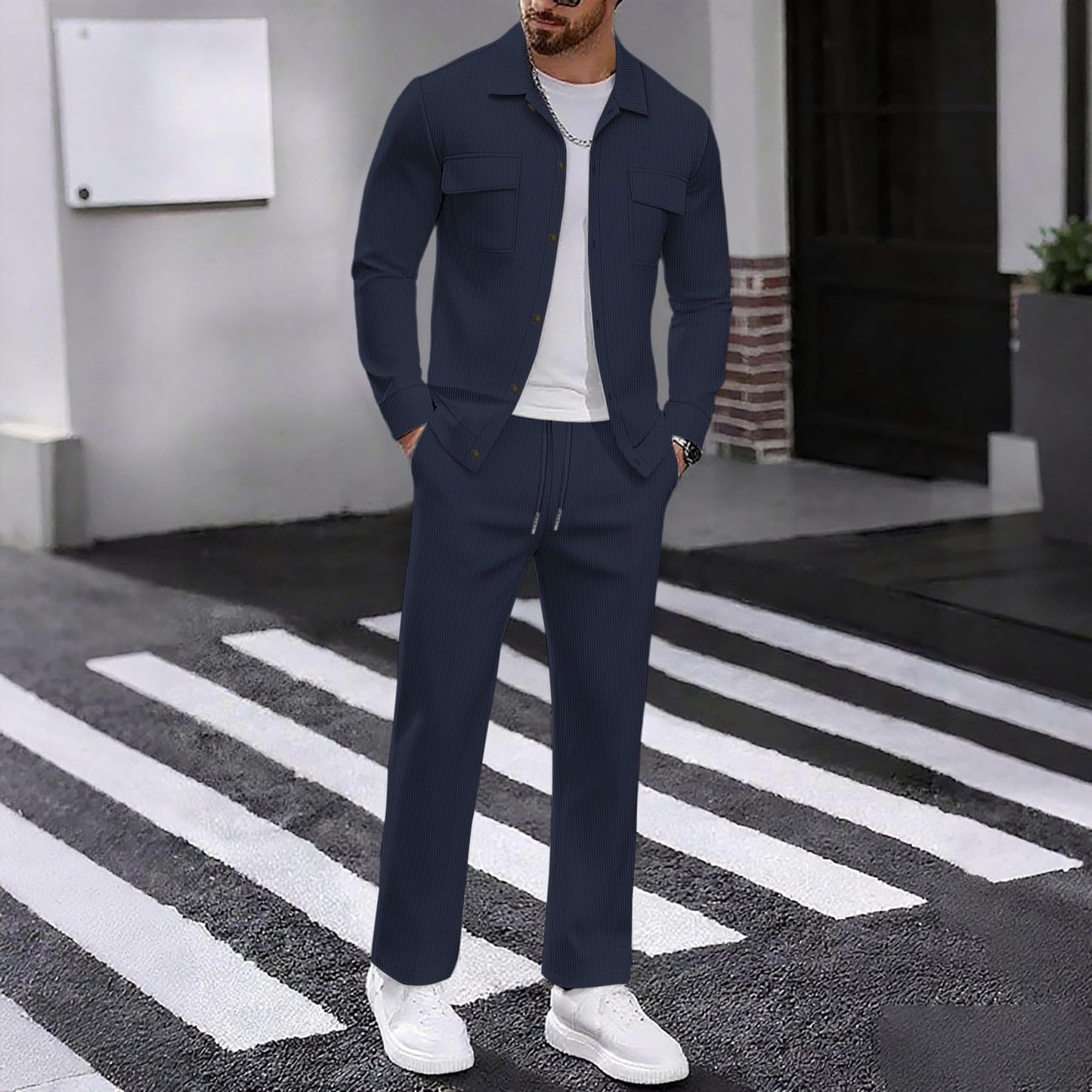 Two-piece Set Featuring A Button-up Collar Long Sleeves And Long Pants