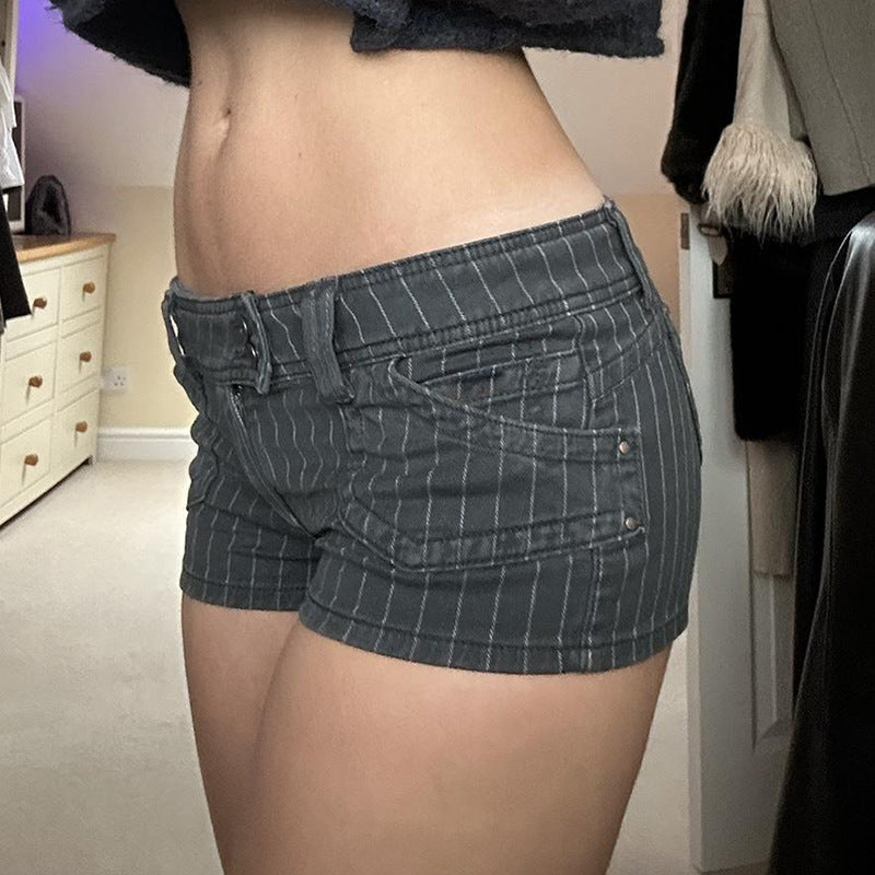 American Street Style Striped Contrast Color Denim Shorts Low Waist Double Breasted