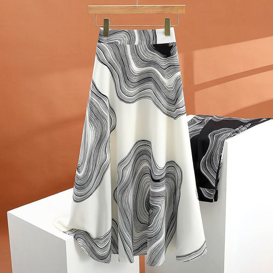 Satin Skirt Printed Color High Waist Slimming Mid-length Thin