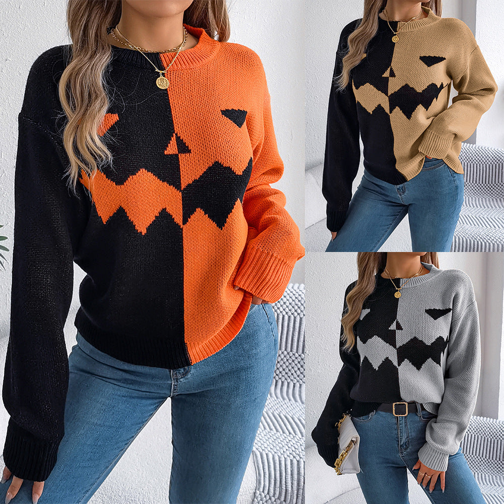 Ghost Pumpkin Contrast Color Long Sleeves Pullover