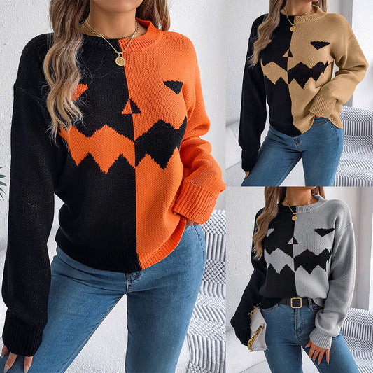 Ghost Pumpkin Contrast Color Long Sleeves Pullover