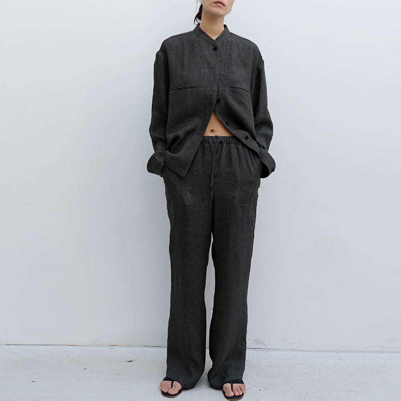 Pure Linen Lace-up Straight-leg Pants Women's Plus Size Loose Casual Trousers
