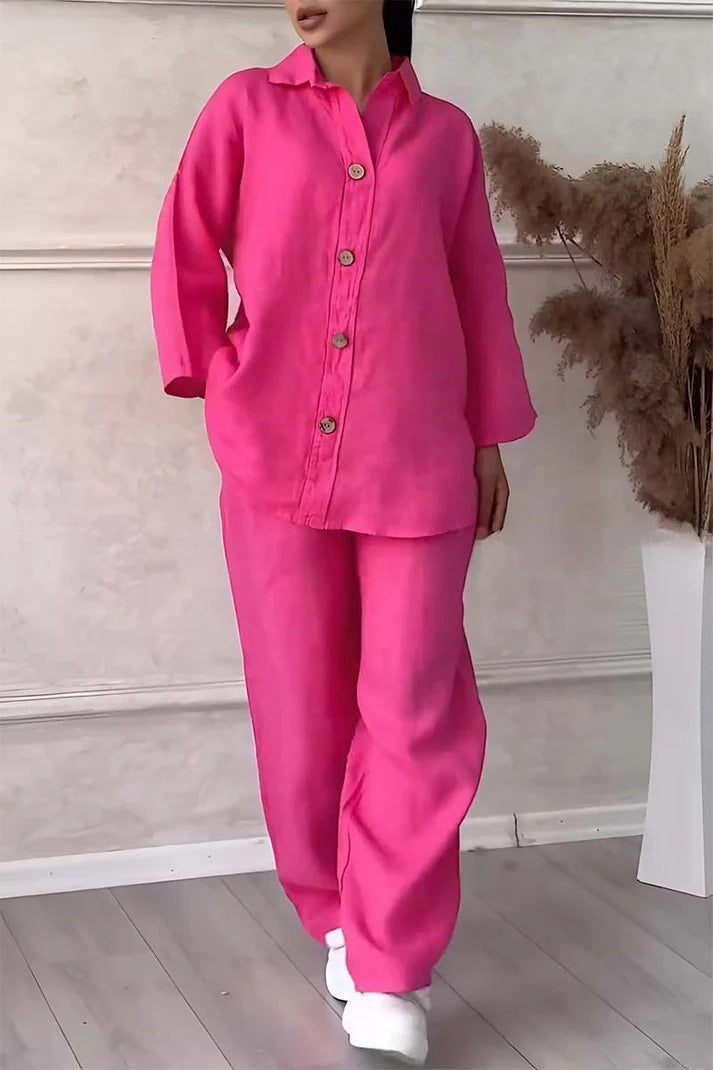 Cotton And Linen Shirt Outfit High Waist Loose Trousers