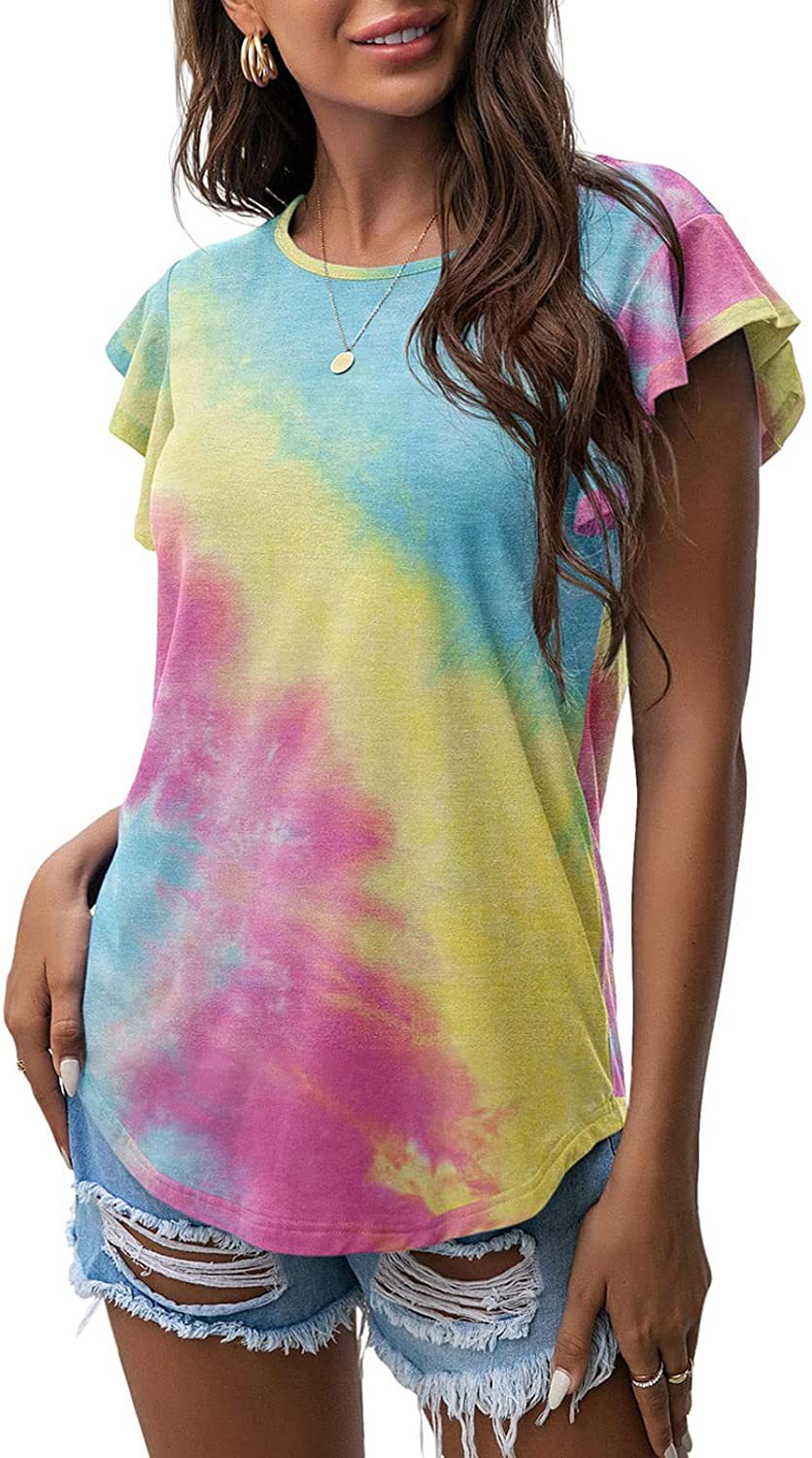Women's Round Neck Printed Ruffled Short Sleeve T-shirt