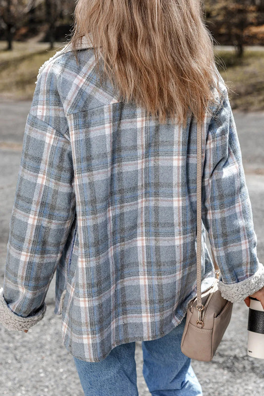 Sky Blue Stripe Sherpa Collar Cuffs Patchwork Plaid Shirt Jacket With Chest Pocket
