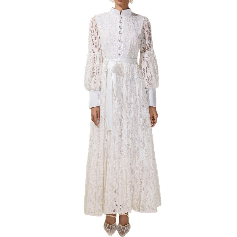 Lantern-sleeve Lace White Elegant Fashion Dress