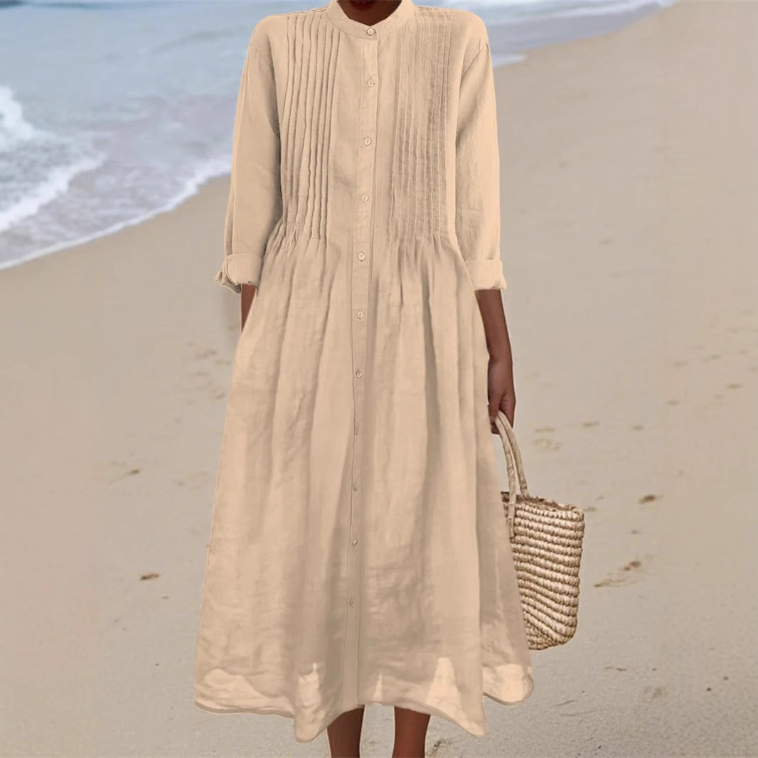 Long-sleeve Cotton-linen Womens Dress With A Shirt Collar