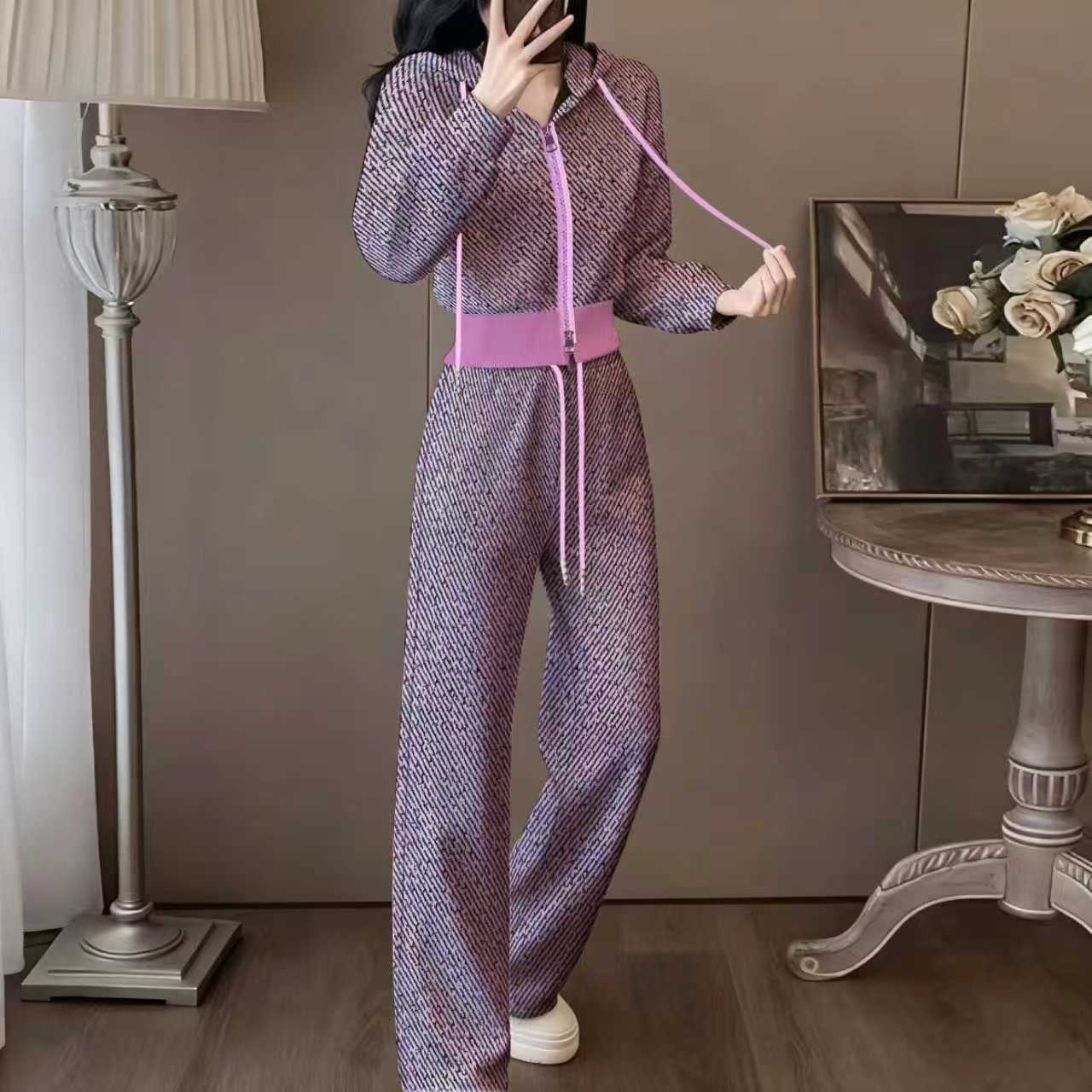 Overseas Temperament Slim Hooded Cardigan Wide-leg Pants Two-piece Set
