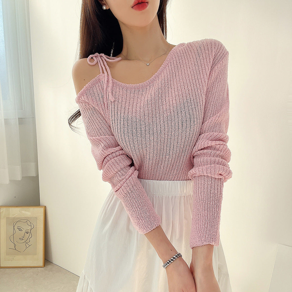 Lace-up Design Sunken Stripe Long-sleeved Sweater Women's Top