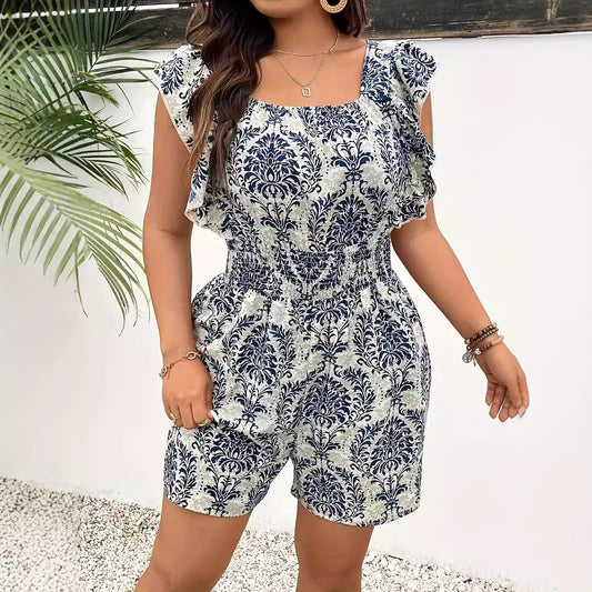 Plus Size Printed Sleeveless Smocking Fitted Waist Backless Vacation Style Jumpsuit