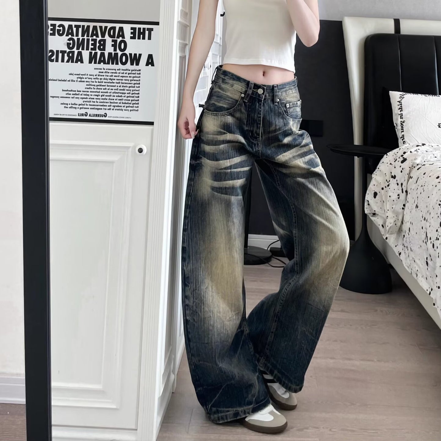 American-style Vintage Washed And Distressed Straight-leg Jeans