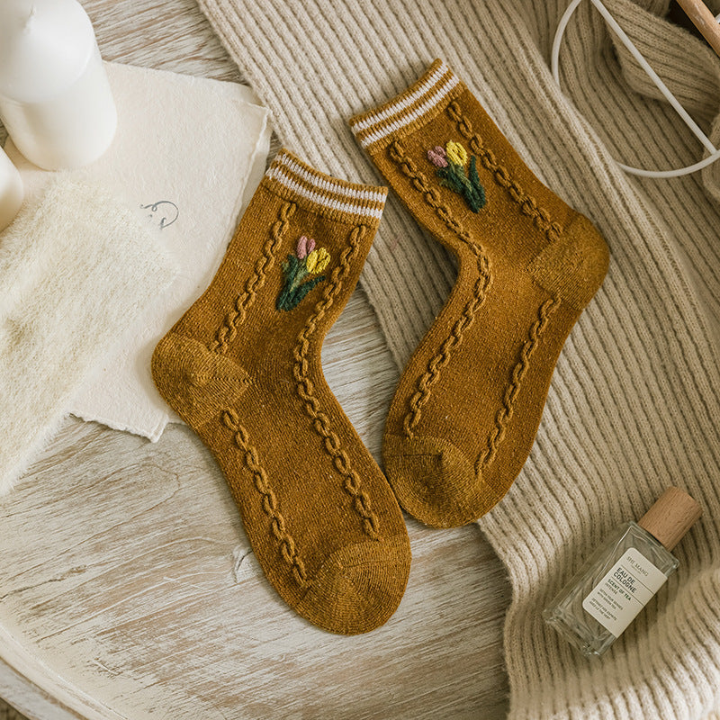 Golden Retro Tulip Mid-tube Socks Warm And Thick