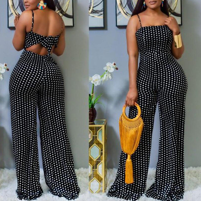 European And American Fashion Women's Dotted Print Wrap-around Halter Jumpsuit