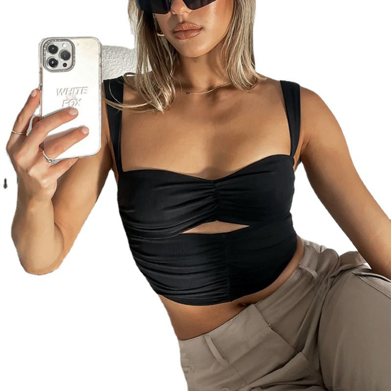 Double-shoulder Pleated Low-cut Hot Girl Short Vest Female