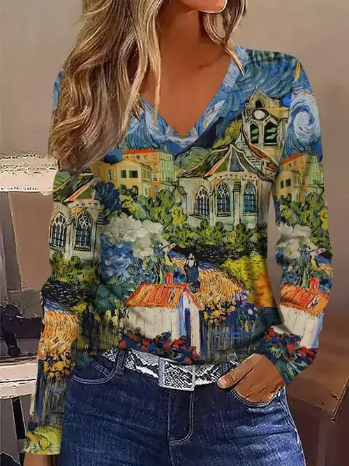 Fashionable Casual Geometric V-Neck Long-Sleeve Top For Women