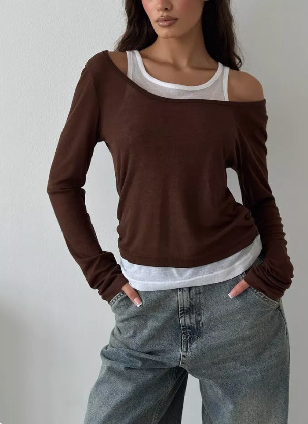 Fake Two-tone Color Long Sleeve Women's Slim-fit Short Base Shirt