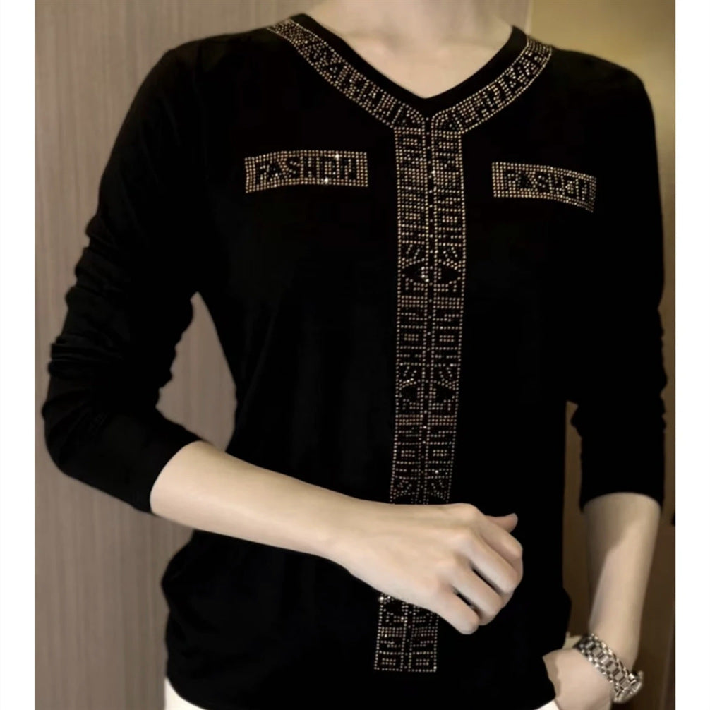 Stylish Women's Slim-fit Long Sleeve Rhinestone Autumn Versatile Fashion