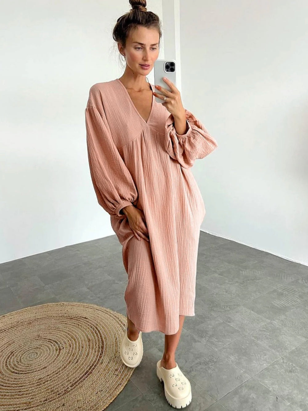Pure Cotton Linen Loose Fitting Home Nightgown