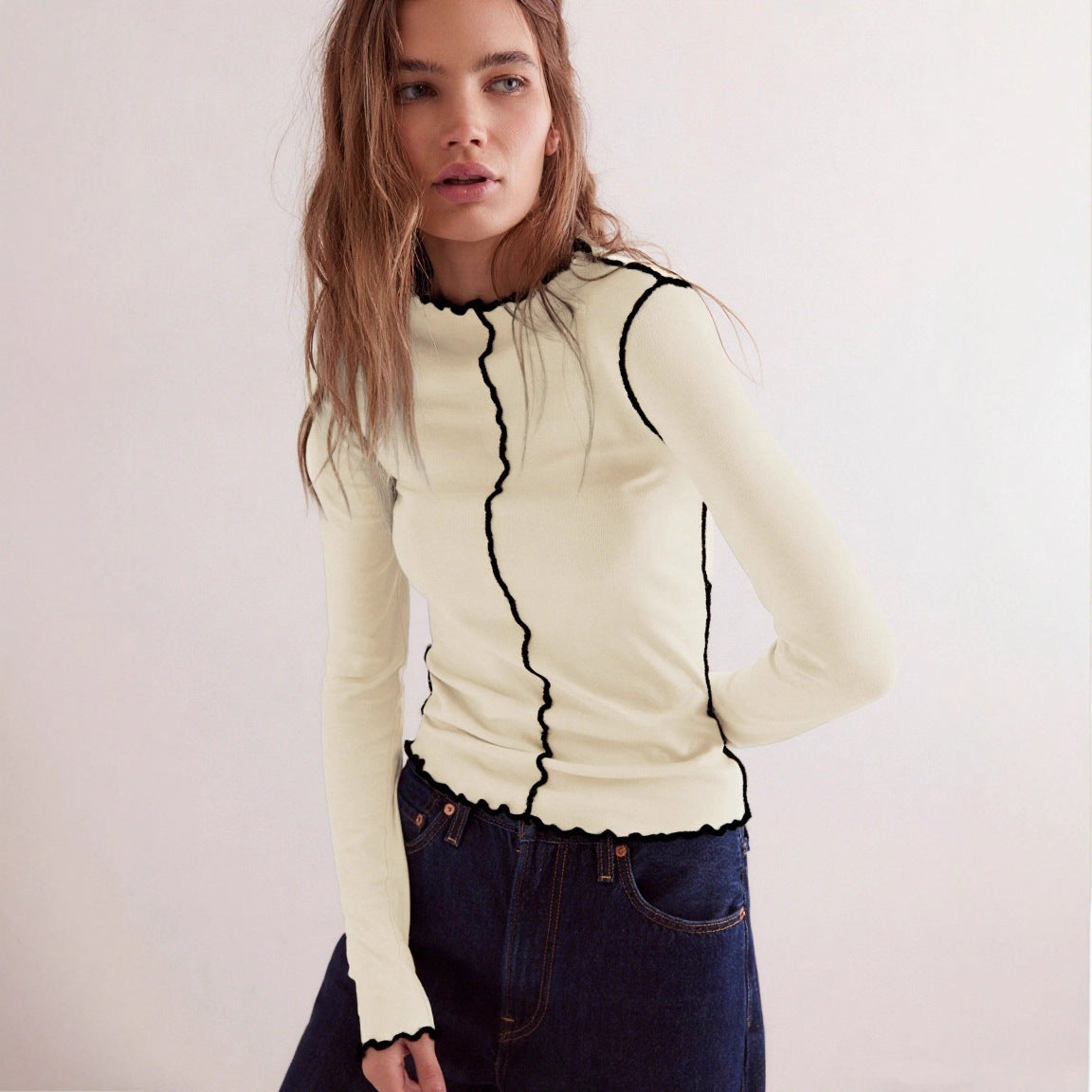 Color-Block Curling Fake Collar Long-Sleeve Versatile Womens Shirt