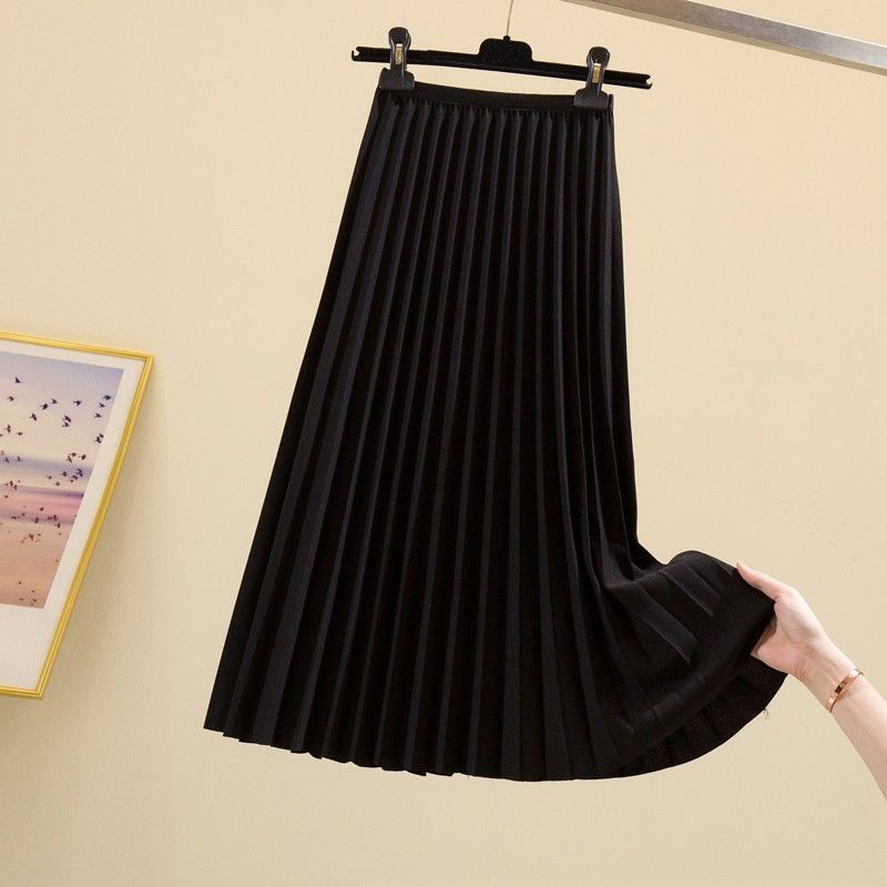 High Waist Pleated Mid-length Slimming A- Line Skirt