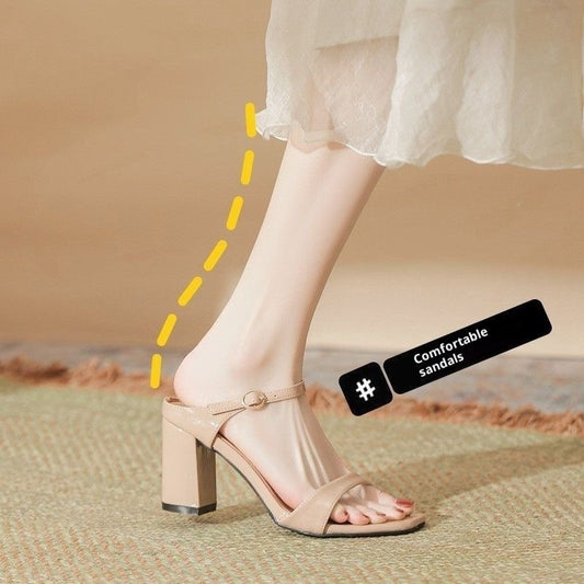 Europæiske og amerikanske hjemmesko med tyk hæl, ensfarvede sandaler med åben tå og slingback-rem