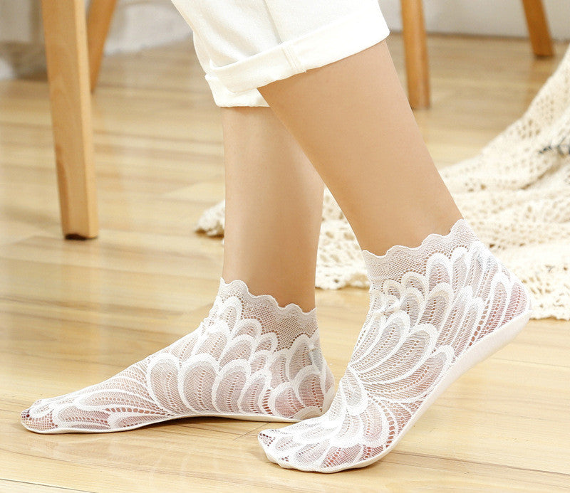 Socks Women Short Cute Solid Color Cotton Bottom Breathable In Tube Mesh Lace Lace