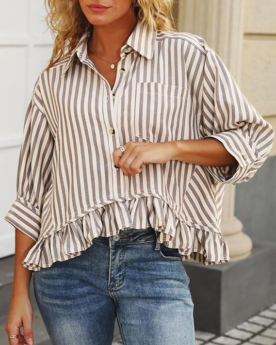 Women's Casual Loose Striped Shirt With Ruffled Hem And Short Sleeves